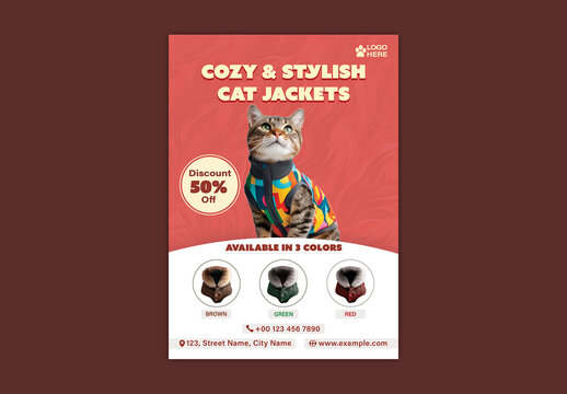 Cozy and Stylish Cat Jackets Sale Flyer with 50% Discount Offer and Color Options, Editable Design.