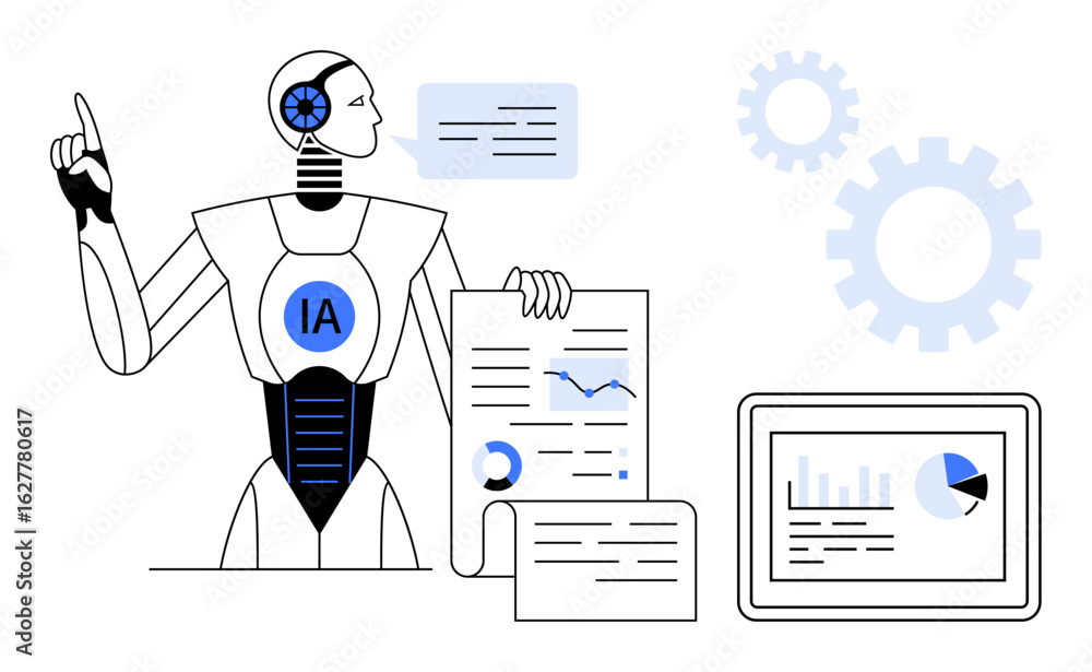 Aufkleber robot presenting data analysis with charts, documents, and a tablet screen. ideal for ai, machine le