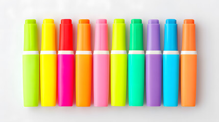 Fototapeta premium Set of colorful highlighters arranged in a row. Perfect for school stationery visuals, creative office content, or study supply branding.