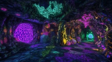 Spaceship interior. View on open space or planet. Futuristic sci-fi laboratory or corridor with neon light.