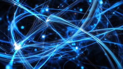 Abstract swirling blue lines and particles on a black background