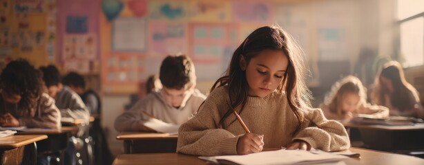 The child focusing on writing in a classroom filled with eager learners.