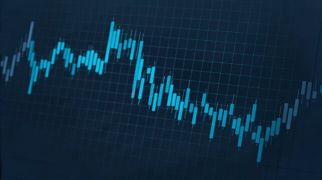 Closeup of a blue stock market trading chart with candlestick and line graphs showing market trends
