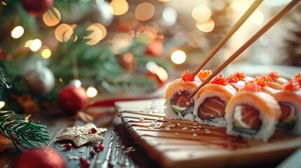 Fototapeta premium Sushi rolls on a wooden plate with chopsticks. Christmas decorations and lights in the background create a festive atmosphere.