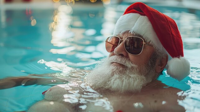 An elderly Caucasian man with a white beard and sunglasses relaxes in a swimming pool, wearing a Santa hat. Holiday decorations are visible in the background. - Powered by Adobe
