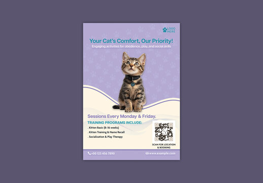 Cat Training Program Flyer with Professional Guidance for Feline Behavior and Wellness, Editable Design.