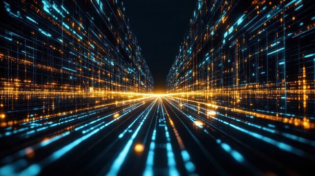 Futuristic city street with glowing data streams