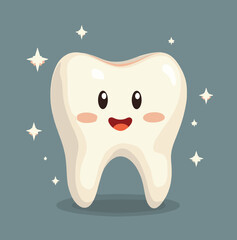 Cartoon-style happy tooth character with a smiling face and sparkling stars on a blue background
