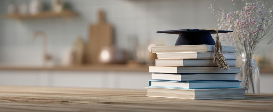 The stack of books adorned with a graduation cap on a rustic table. - Powered by Adobe