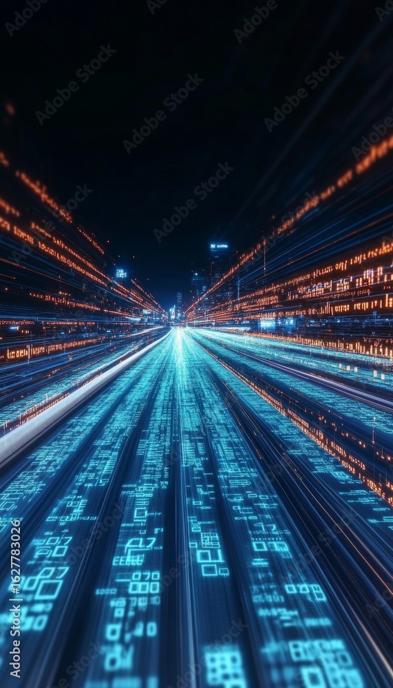 Poster futuristic data streams and rapid electronic transfers in a high-tech network environment