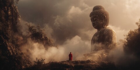 Meditative figure before a giant Buddha