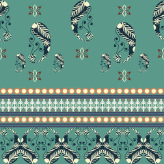Paisley design in a green background. Vector damask seamless pattern. Ideas for wallpaper, textiles, tiles, home decoration, and elaborate borders.