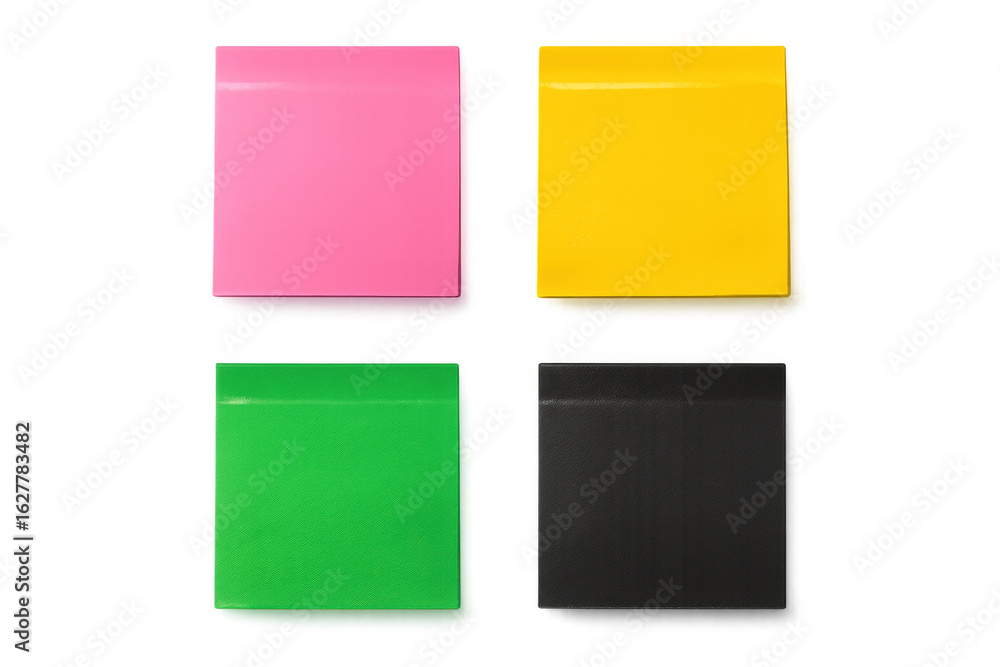 Poster four colorful sticky notes arranged on a transparent background, ready for adding reminders, notes, 