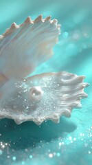A single pearl in an open seashell surrounded by sparkles