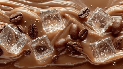 Coffee beans and ice cubes in a swirl of creamy coffee