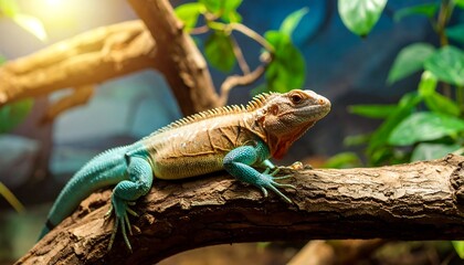 Fototapeta premium Vibrant Blue Iguana Basking on Sunlit Branch