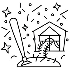 Baseball bat hitting a ball near a house with stars and confetti vector