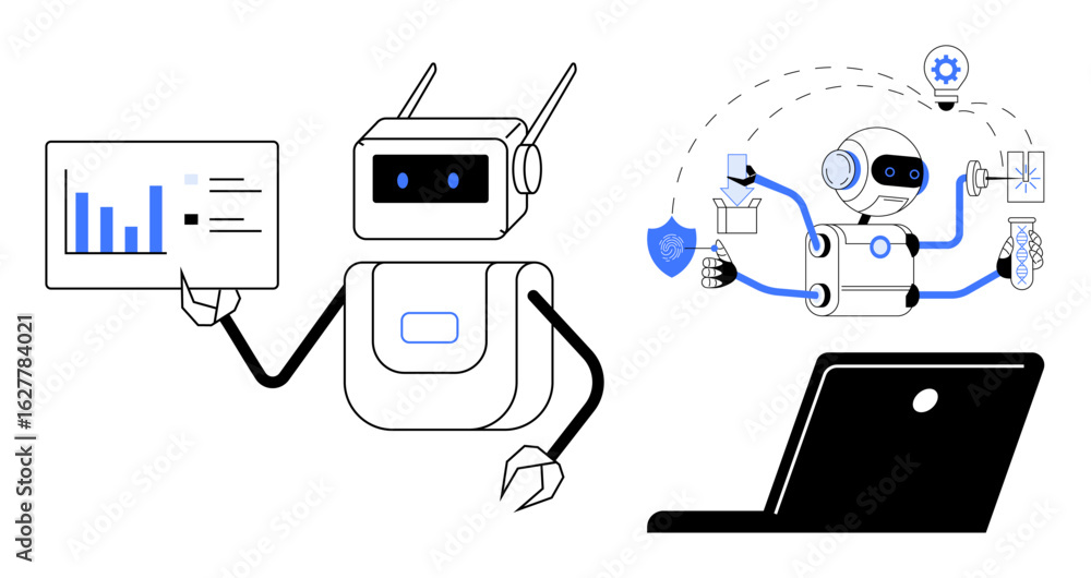 Poster robot holding analytics board and laptop while performing multitasking tasks, including analysis, au