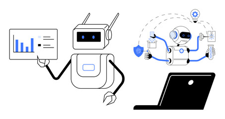 Robot holding analytics board and laptop while performing multitasking tasks, including analysis, automation, and innovation. Ideal for AI, robotics, automation, analytics, business technology
