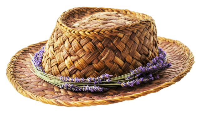 Woven straw hat adorned with lavender stems, showcasing intricate craftsmanship and natural beauty. combination of wheat and lavender creates rustic and charming accessory., isolated