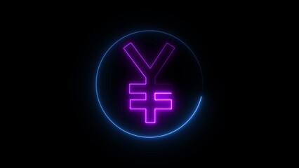 Glowing Neon Yen Symbol Inside Blue Circle on Black Background
