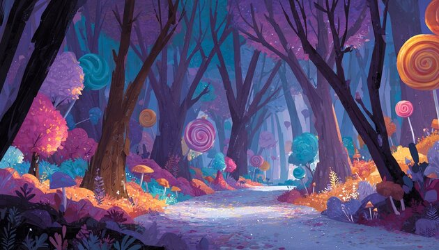 Bosque de ensue&ntilde;o con &aacute;rboles vibrantes y dulces espirales