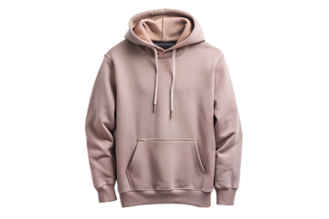 A comfortable and stylish pink hooded sweatshirt with a front pocket, isolated on transparent background