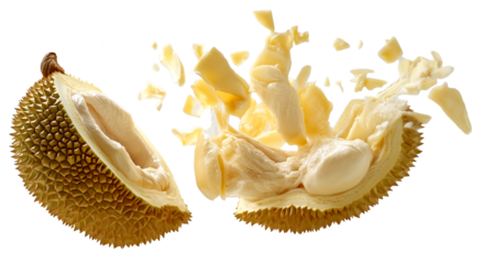 Durian fruit is captured mid air, dramatically splitting open to reveal its creamy, yellow flesh and spiky outer shell. dynamic motion and vibrant colors create exciting visual., isolated