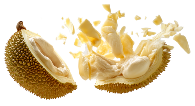 Durian fruit is captured mid air, dramatically splitting open to reveal its creamy, yellow flesh and spiky outer shell. dynamic motion and vibrant colors create exciting visual., isolated