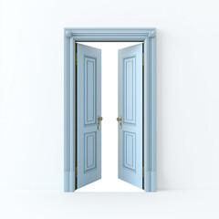 Light blue double door with ornate detailing opens to dark space, creating sense of mystery and curiosity. elegant design and soft color contrast with dark interior., isolated