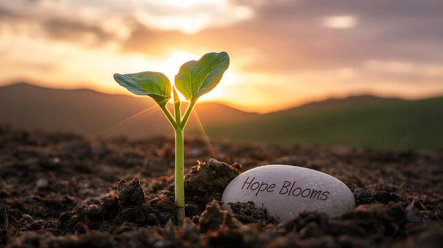 New beginning seedling growing at sunrise with inspiring message stone