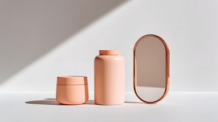 Minimalist arrangement of peach colored bathroom accessories on a white surface