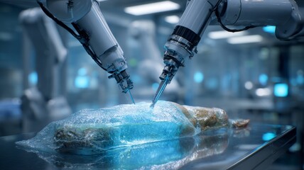 Robotic arms conducting tissue regeneration in cryogenic lab with blue sterile lighting