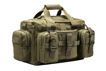 Olive drab tactical duffel bag with multiple compartments and straps (1)