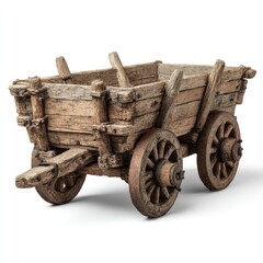 Aged wooden cart, side view.  Solid wood construction, weathered appearance.  Simple design, two wheels, and a long tongue.  Isolated on white background