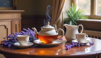 rustic tea set with steam rising, surrounded by fresh lavender on a wooden table, painted in soft watercolor style"
