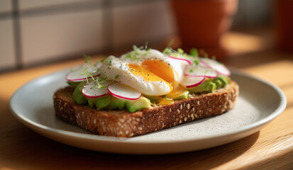 Whole grain toast topped with creamy avocado, delicate radish slices, and a perfectly poached egg rests on a white plate. Soft daylight fills the breakfast space with warmth.
