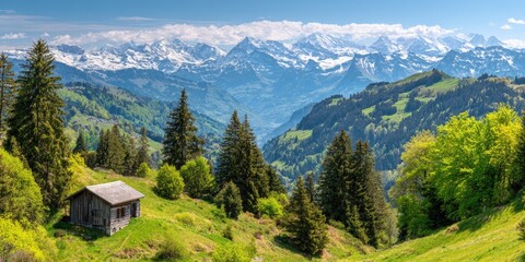 Alpine chalet nestled in a valley, snow-capped peaks in the distance