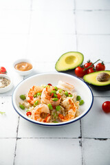 Rice bowl with shrimps and edamame beans