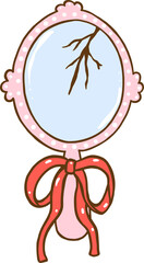 Messy Coquette, Cute pink Broken Vintage Mirror healed with ribbon bow Doodle Hand Drawn