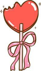 Messy Coquette, Cute red Bitten Heart shape lollipop candy with ribbon bow Doodle Hand Drawn