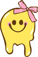 Messy Coquette, Cute yellow melting  smiley smiling face icon with ribbon bow Doodle Hand Drawn