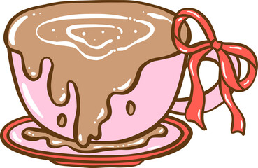 Messy Coquette, Cute Girly pink overflowing coffee cup with ribbon bow Doodle Hand Drawn