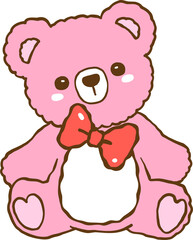 Messy Coquette, Cute Girly pink teddy bear with mess red bow tie Doodle Hand Drawn