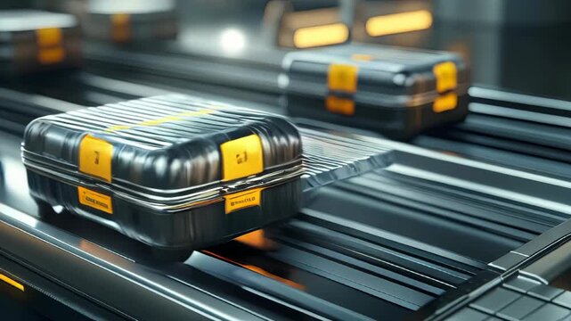 Video showing a top-down view of a metal hard-shell suitcase with a yellow "lost" sticker on an airport conveyor belt, symbolizing unclaimed baggage