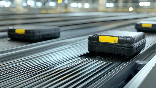 Video showing a top-down view of a metal hard-shell suitcase with a yellow "lost" sticker on an airport conveyor belt, symbolizing unclaimed baggage