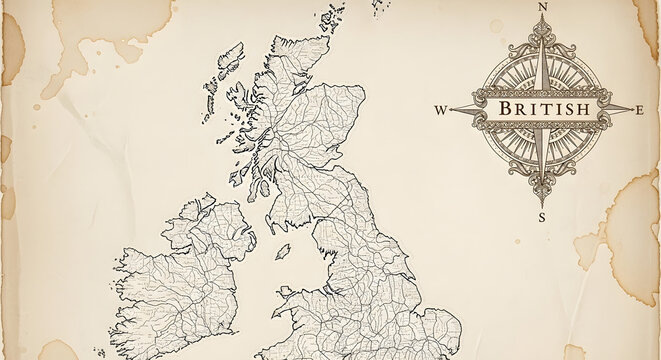 An old, vintage-style map of the British Isles, including Great Britain and Ireland, showing river systems on stained parchment.