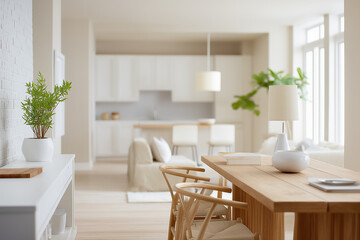 Bright Scandinavian-style living and dining space with natural wood and minimalist decor