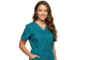 Young woman in teal scrubs isolated on transparent background