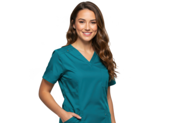 Young woman in teal scrubs isolated on transparent background